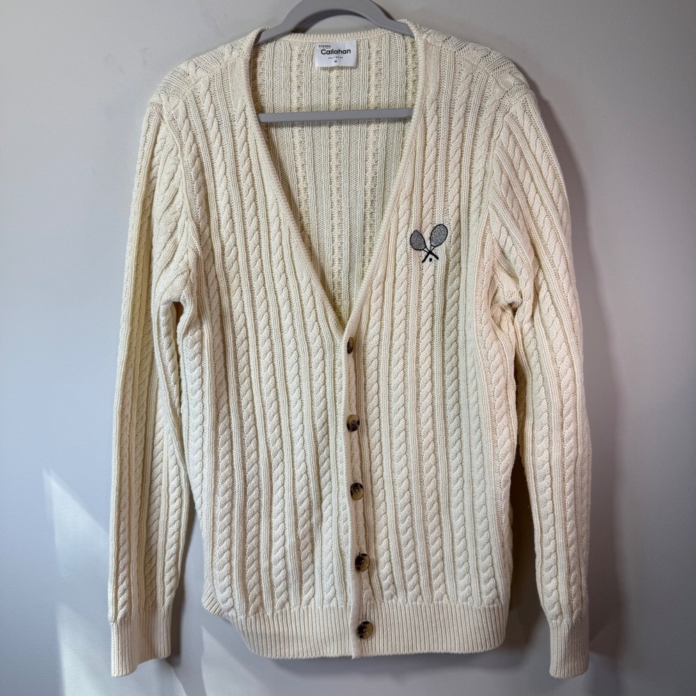 Callahan Cable Knit Cardigan Women's Med Cream Tennis Racket Country Club Preppy